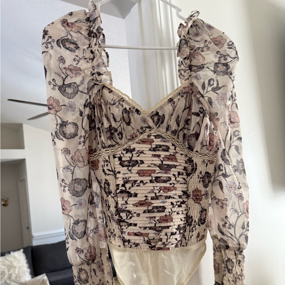 Free people body suit chiffon puff sleeves